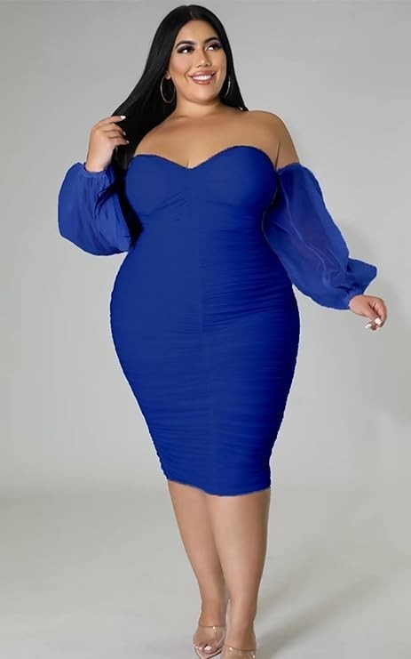New Women Plus Size Off Shoulder Mesh Long Sleeve Ruched Midi Dress Size 2X