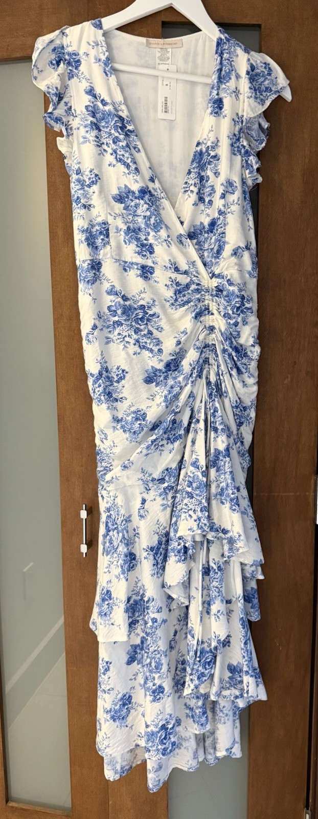 pookie & sebastian, NWT Cinched Ruffle Maxi Dress Blue & White Floral Feminine