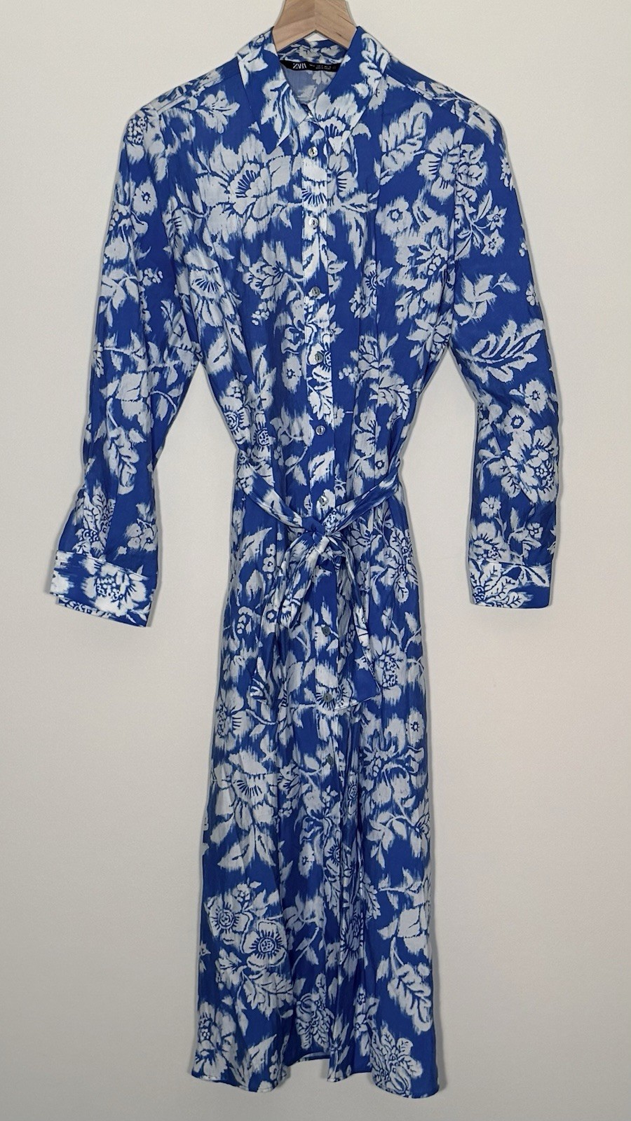 Zara Blue & White Floral Midi Shirt Dress Long Sleeve Collared Button Belted M