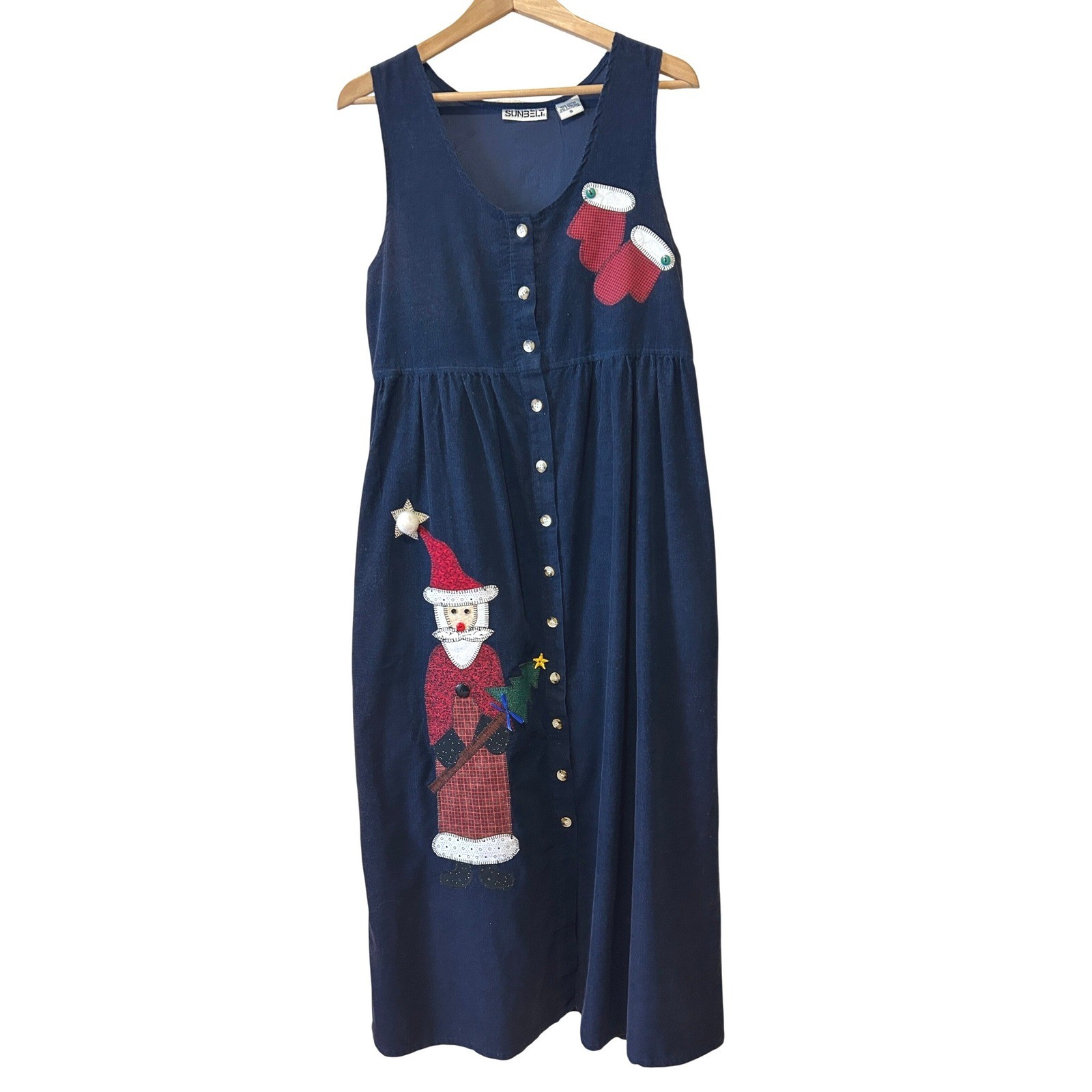 Vintage Sunbelt Christmas Jumper Dress S Button Up Navy Corduroy Santa Applique