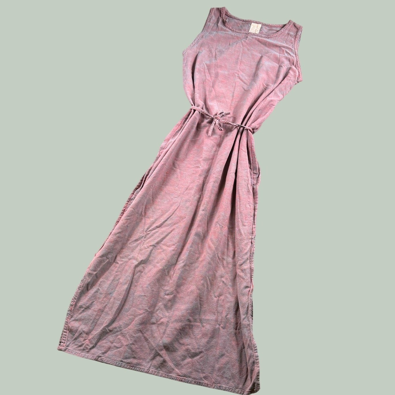 Nepal Maxi Dress Women M Pink Grey Tie Waist Cotton Cottage Boho Hippie Chic