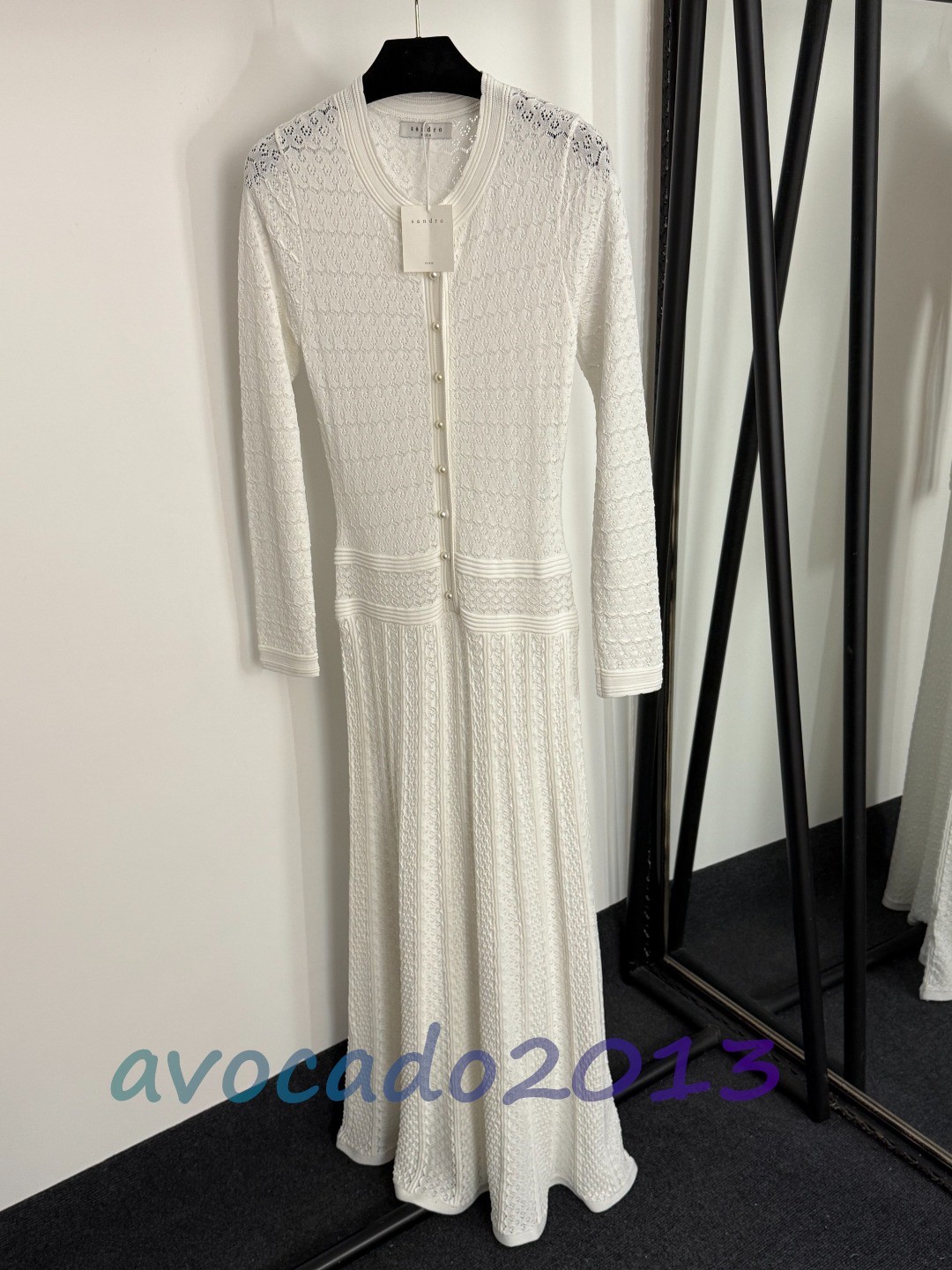 Sandro Women Pearl Button Elegant Hollow Out Long Sleeved Knitted Dress