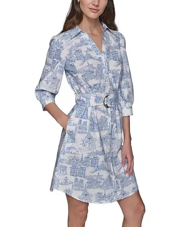 Karl Lagerfeld Paris White/Blue Toile Belted Shirt Dress Pockets 3/4 Sz 4