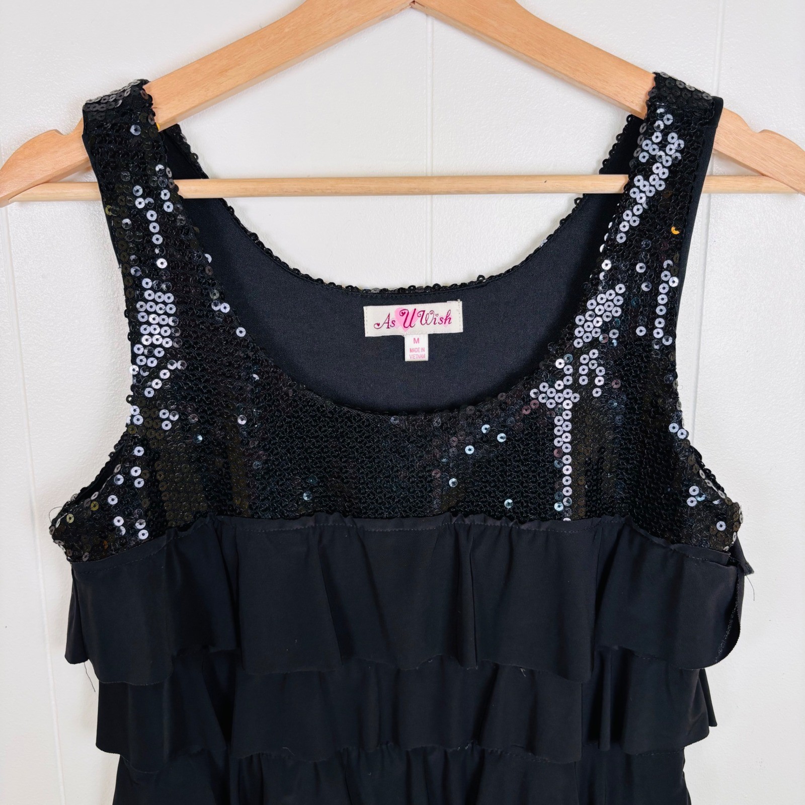 As U Wish Black Medium Flapper Sequin Dress Ruffle Tiered Sleeveless Party