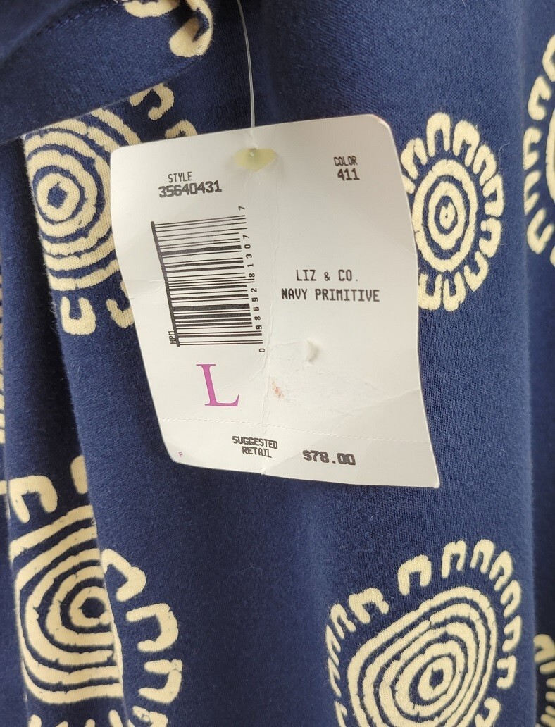 NWT Liz & Co Liz Claiborne Navy primitive print Women’s Navy Maxi Dress Sz L