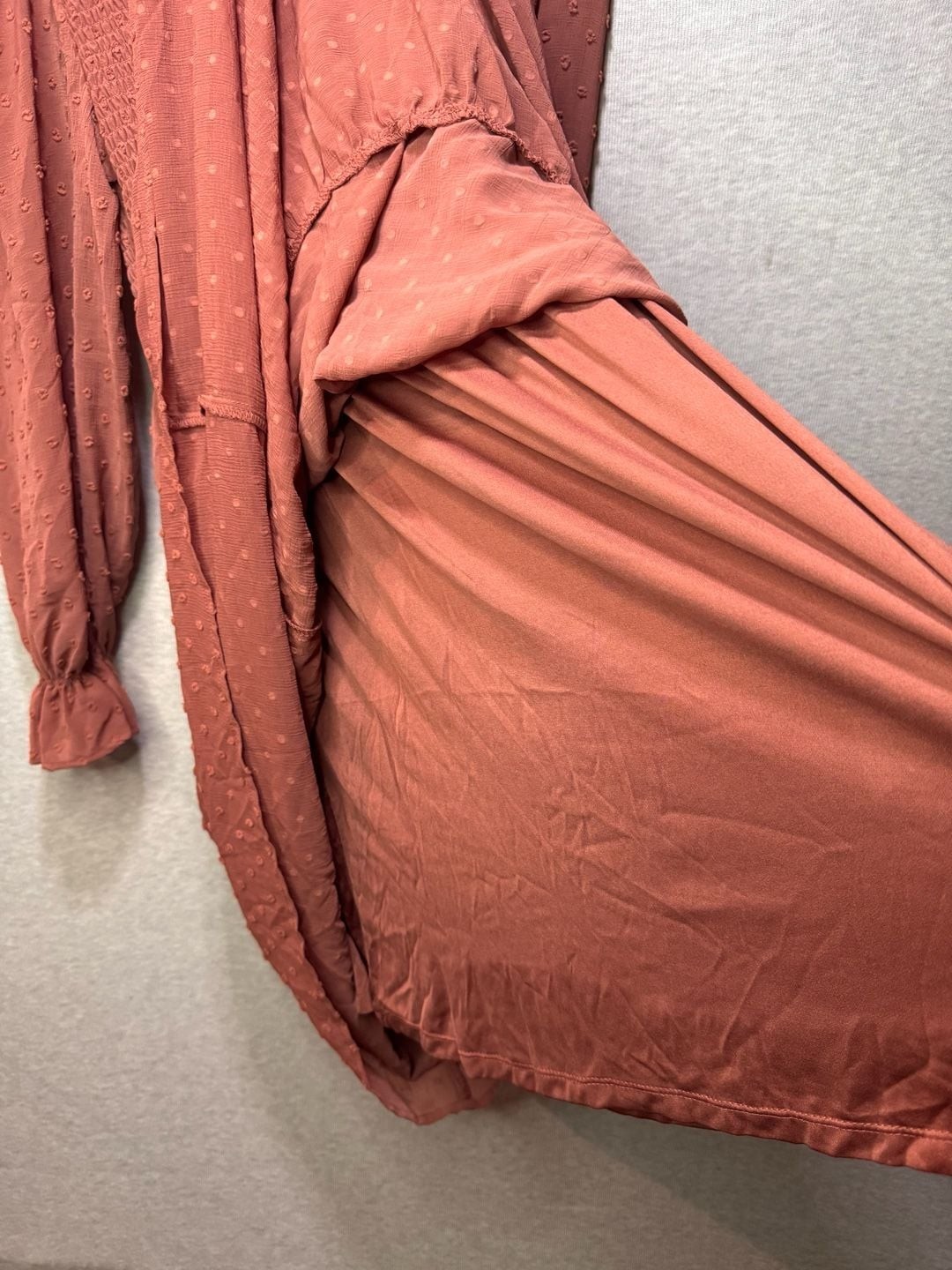 S – Lace & Lilac Long Sleeve Smocked Tiered Midi Dress in Rust