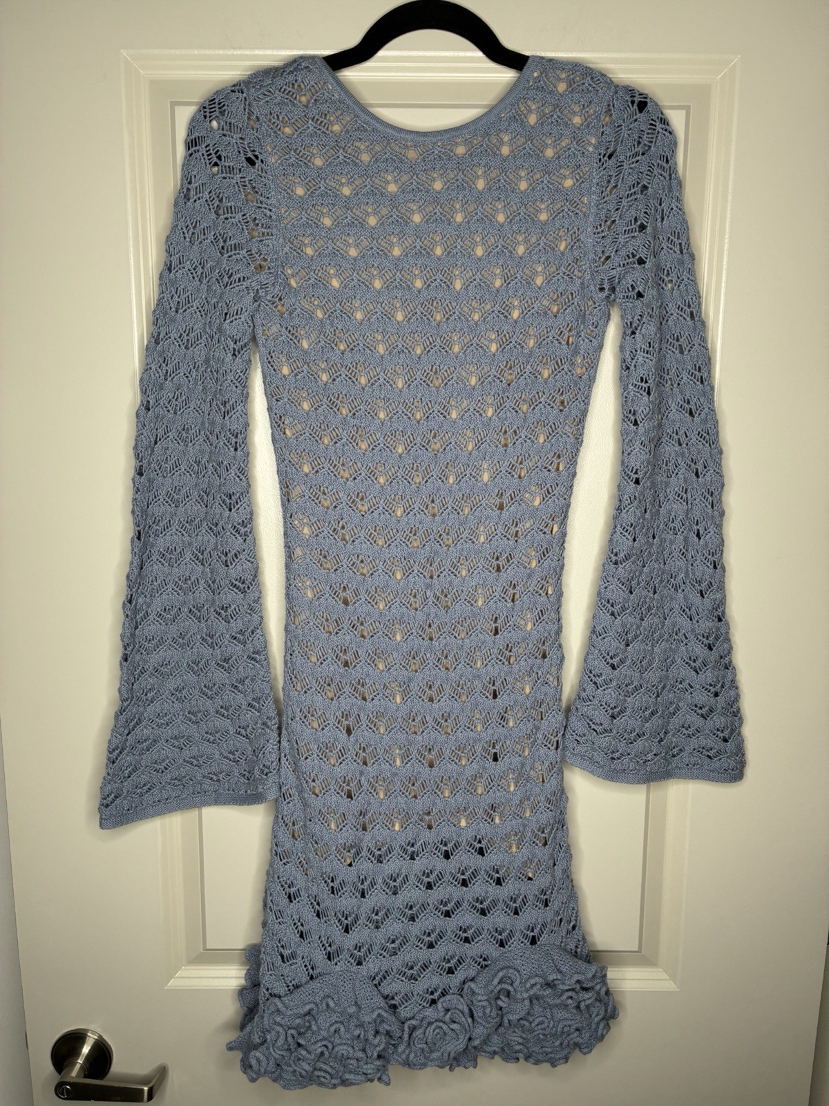 Meshki NWT Aileen Ruffle Crochet Mini Dress in Steel Blue Size XS Longsleeve
