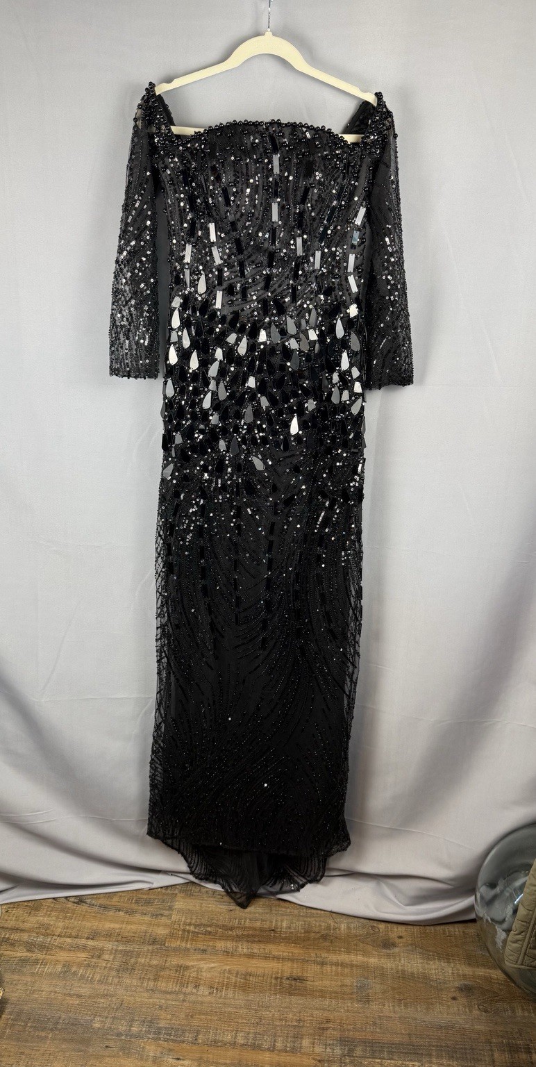 Black Beaded Sequin Sheer Midi Dress Lace Back Formal Party S Small