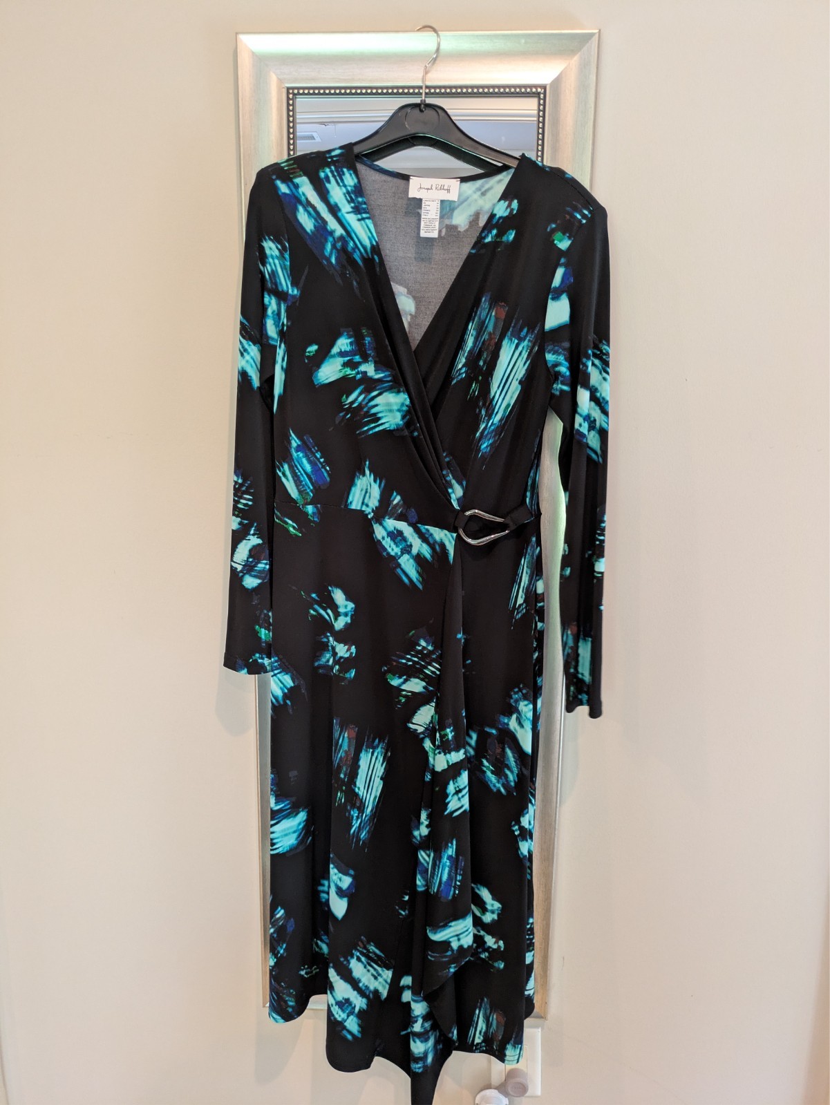 Joseph Ribkoff Black Wrap Dress with Teal Brushstroke Print size 8