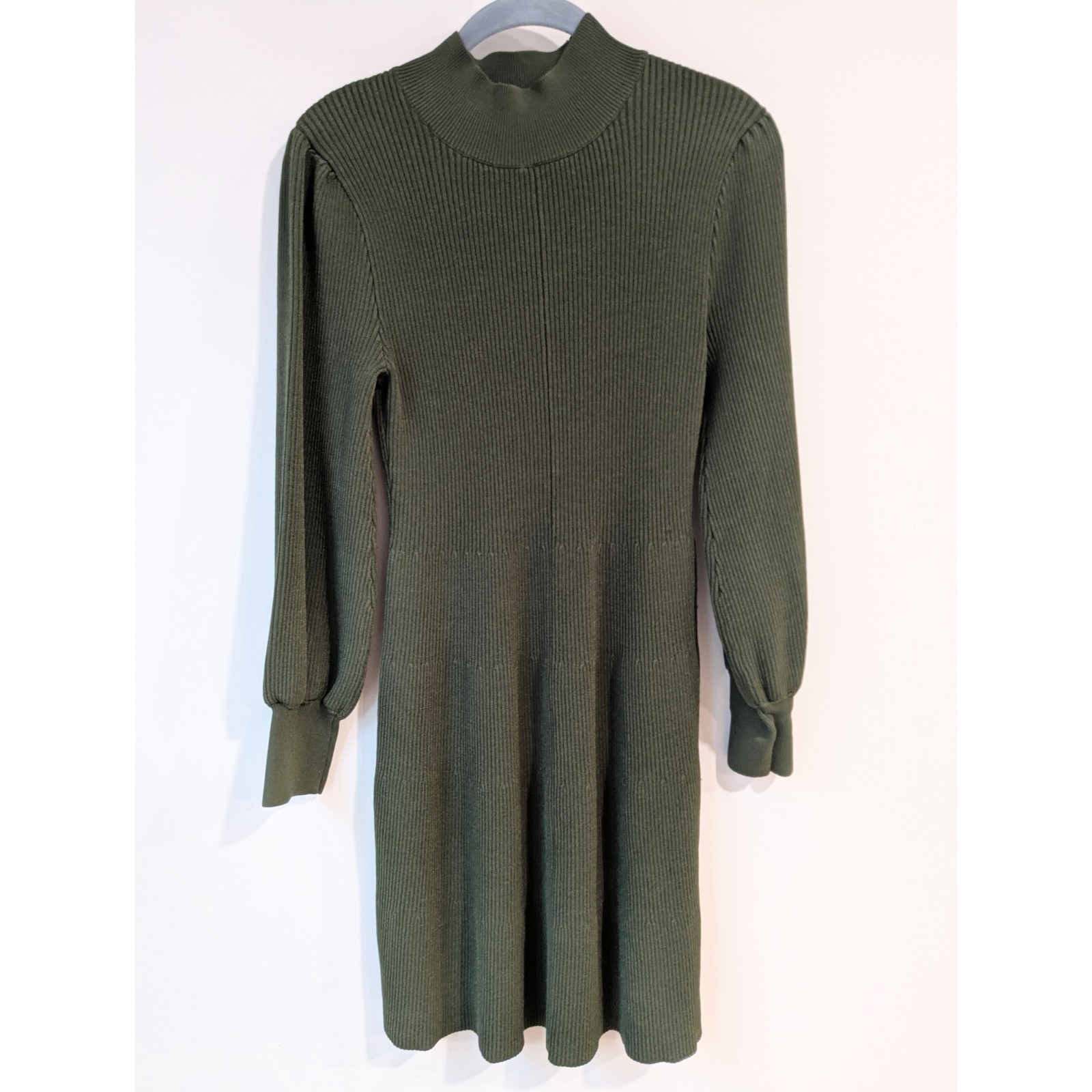 Hill House Mariana Rib-knit Blouson Sleeve Mini Dress In Leaf Green Size M