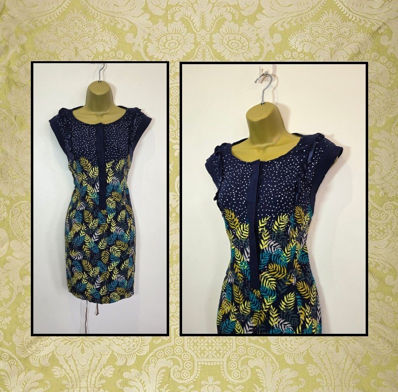 White Stuff Size 14 Navy Blue Gold Sleeveless Belt Leaf Print Autumn Tunic Dress