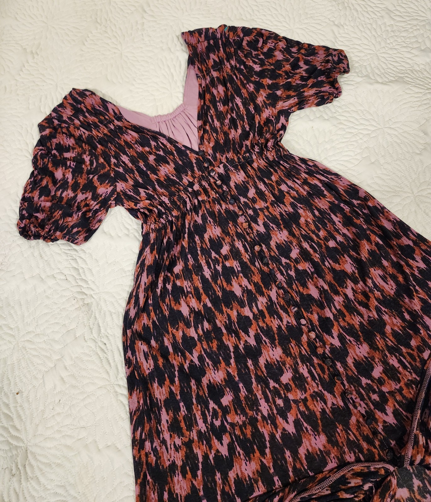 Anthropologie Purple Printed Ruched-Sleeve Mesh Lined Maxi Dress Petites Sz S