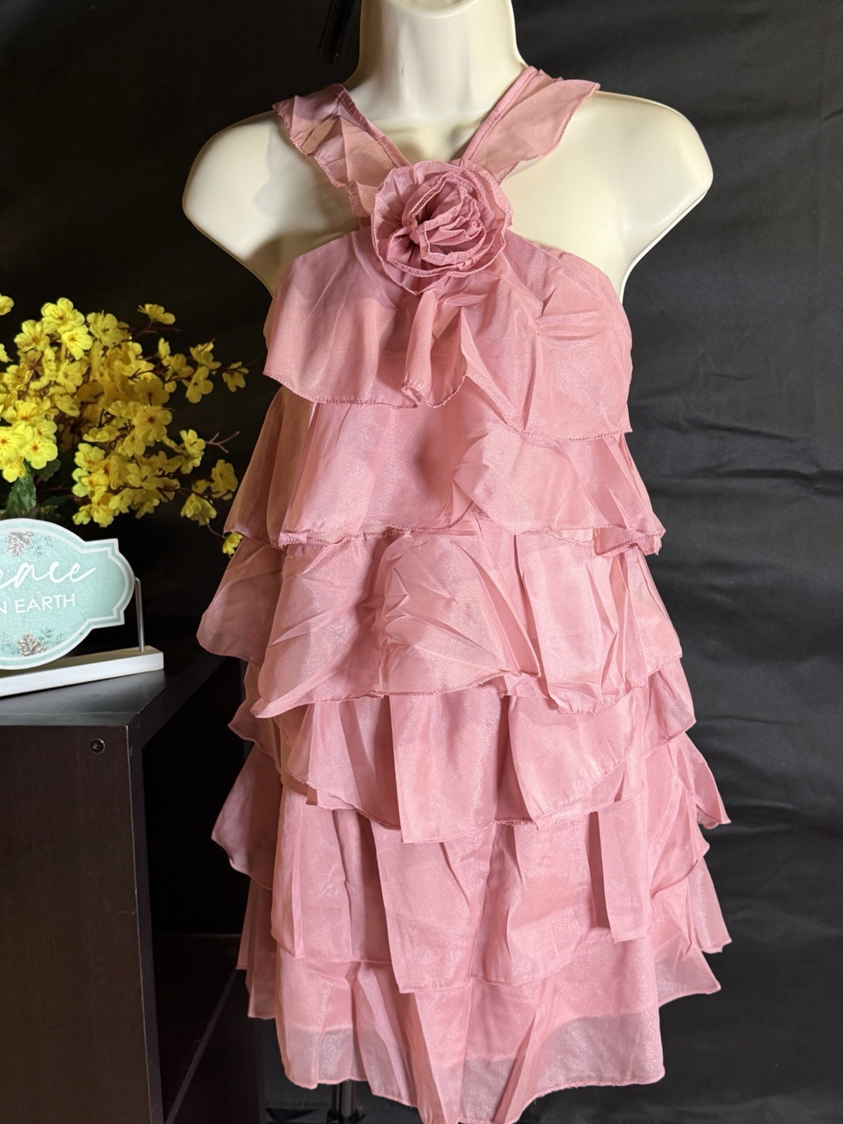 Women’s Pink Solid V-Neck Sleeveless Layered Ruffle A-Line Knee Dress S