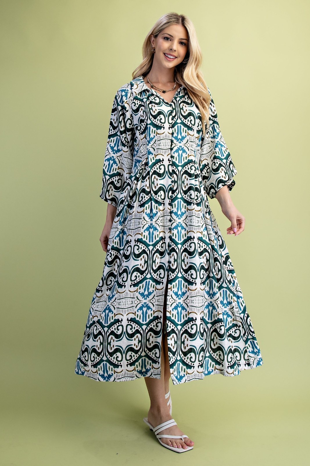 Gigio by Umgee Teal Mixed Printed Shirt Dress with Pleated Waist Balloon Sleeves