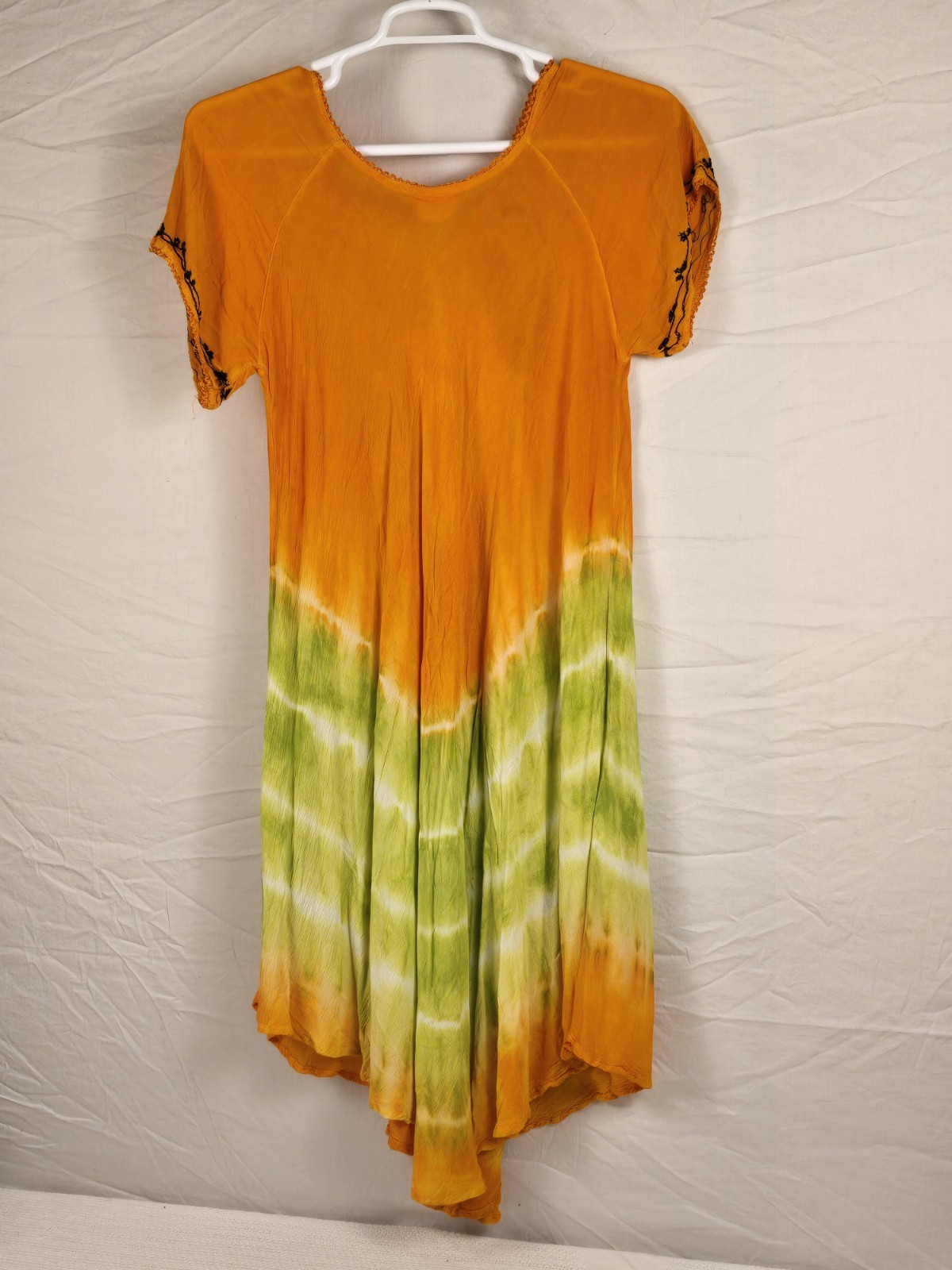 Exist Orange Green White Tie Dye Embroidered Scoop Neck A-Line Dress One Size