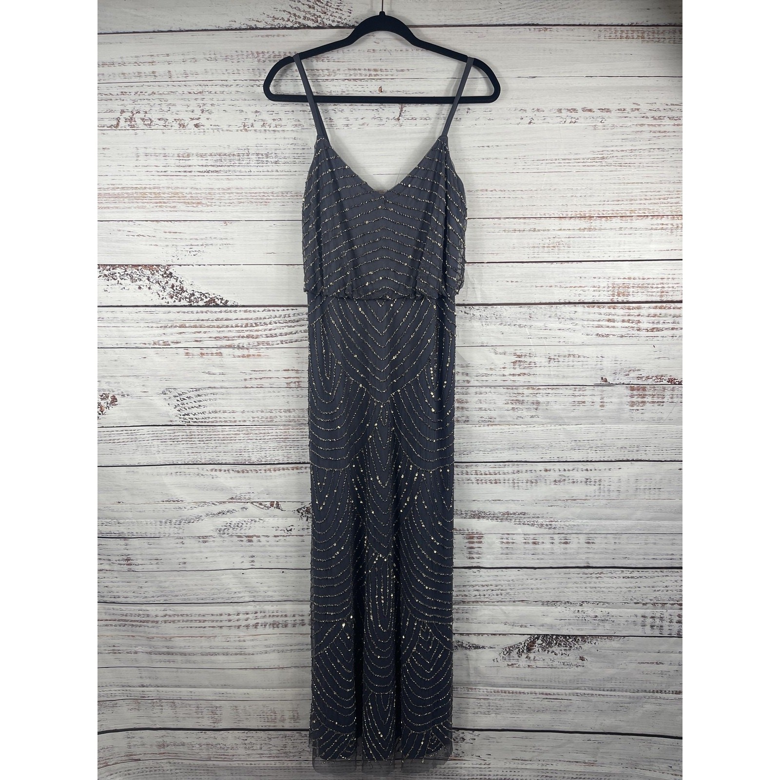 Adrianna Papell Dress Women’s Size 10P Gray Beaded Sequin Mesh Blouson Maxi Gown