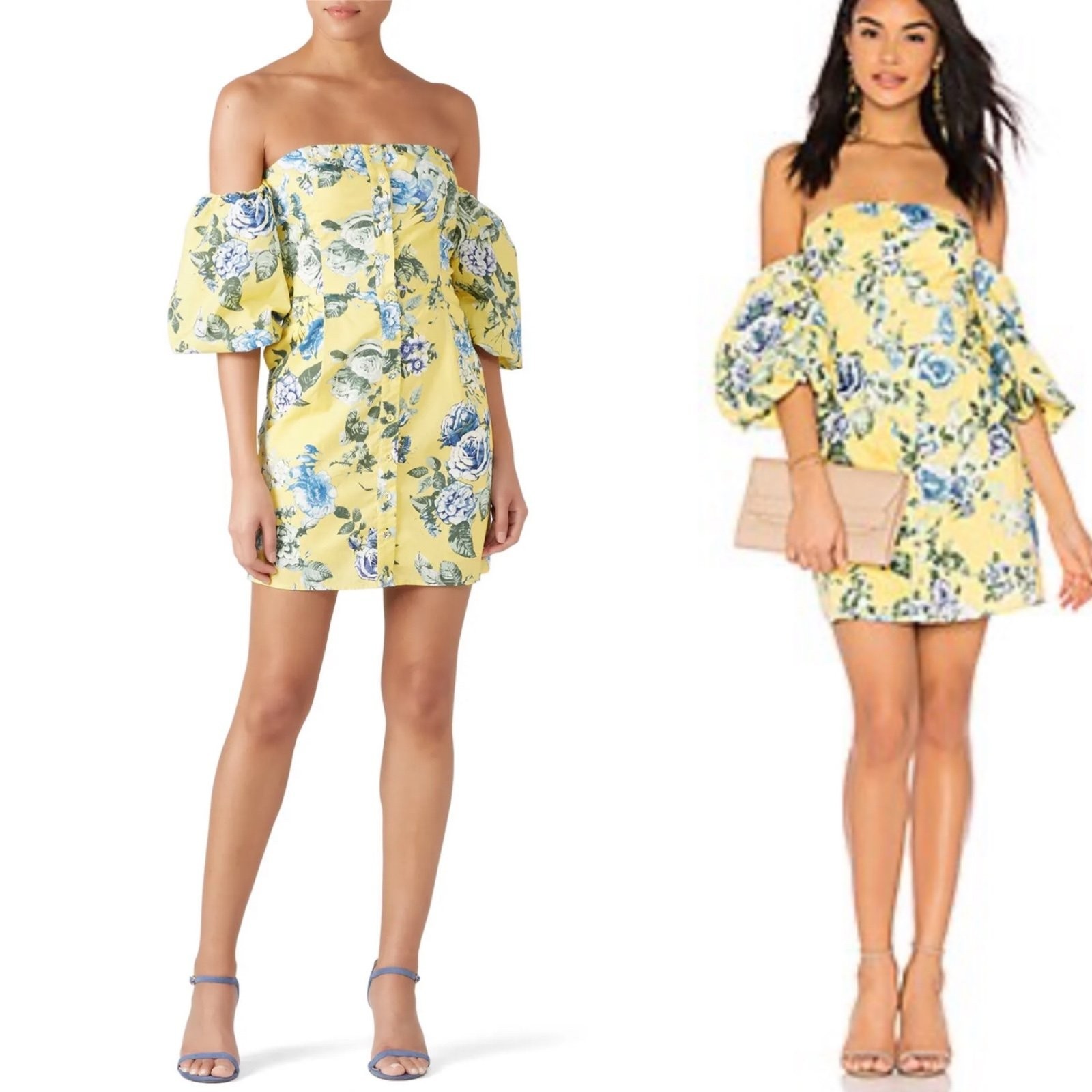 J.O.A. Yellow Floral Balloon Sleeve Off The Shoulder Mini Dress M