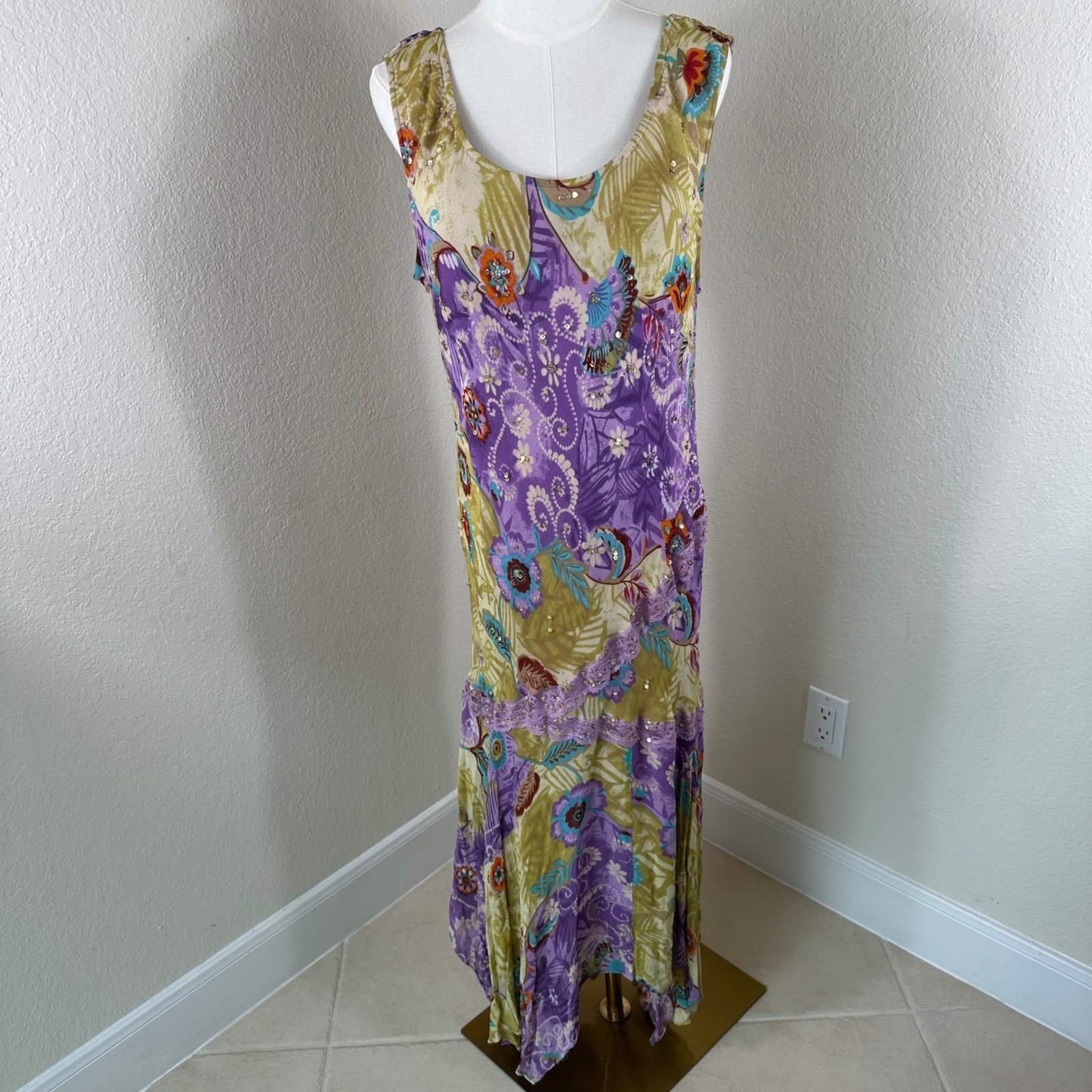 Midnight Velvet Maxi Dress 1X Purple Sequin Floral Rayon Boho Whimsigoth