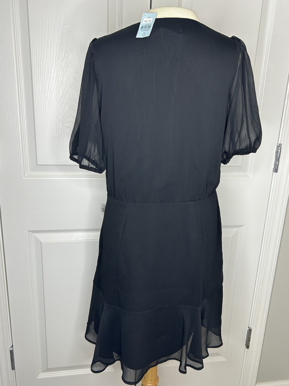 LOFT Black Chiffon Wrap Dress V-Neck Puff Short Sleeve Ruched Ruffle Hem 6P