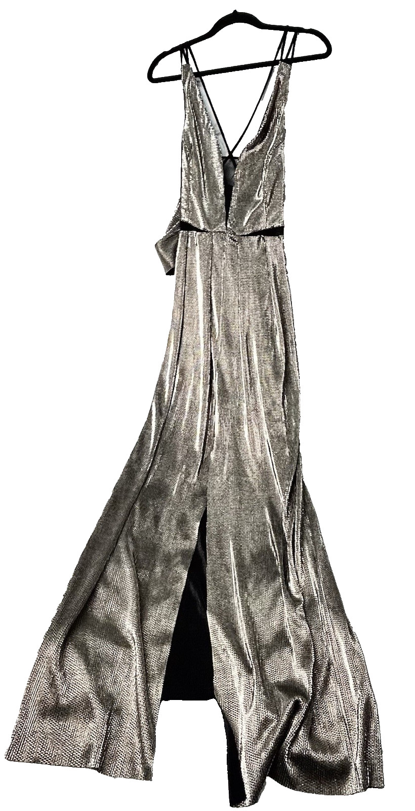 BCBGeneration Maxi Dress Crisscross Black Gold Metallic Size 10 NWT Front Split
