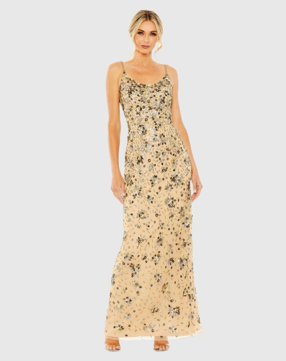 Mac Duggal New Beige Gold Embellished Scoop Neck Evening Gown Size 10 5477