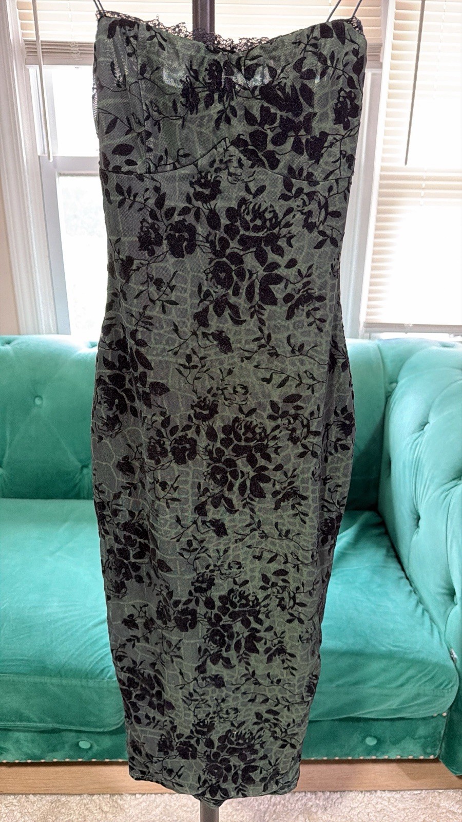 Windsor Strapless Sweetheart Lace Bodycon Midi Dress Green/Black Floral XS