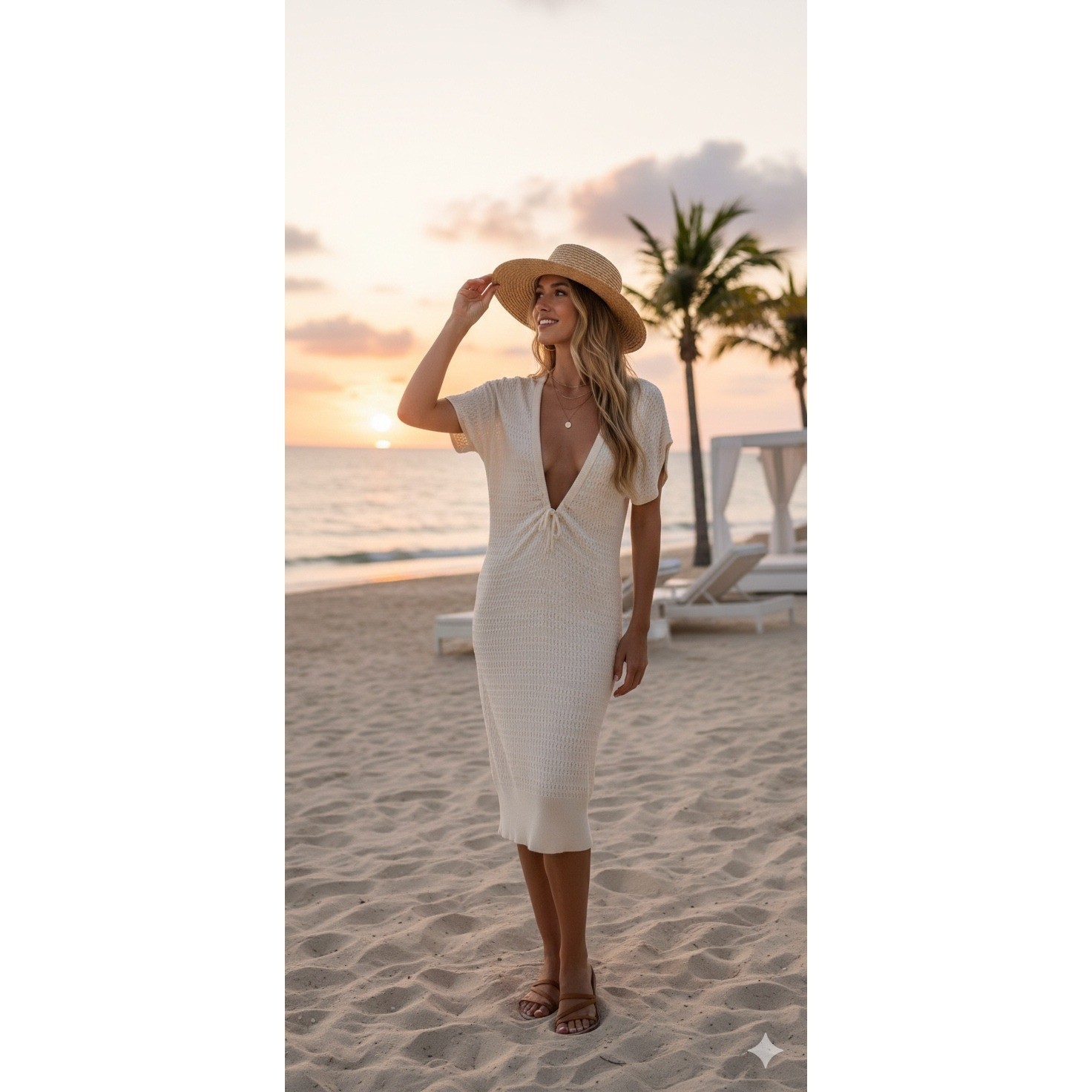 LIDI 100% Bamboo Knit Deep V-Neck Tie Front Midi Dress Small Beach Resort Chic