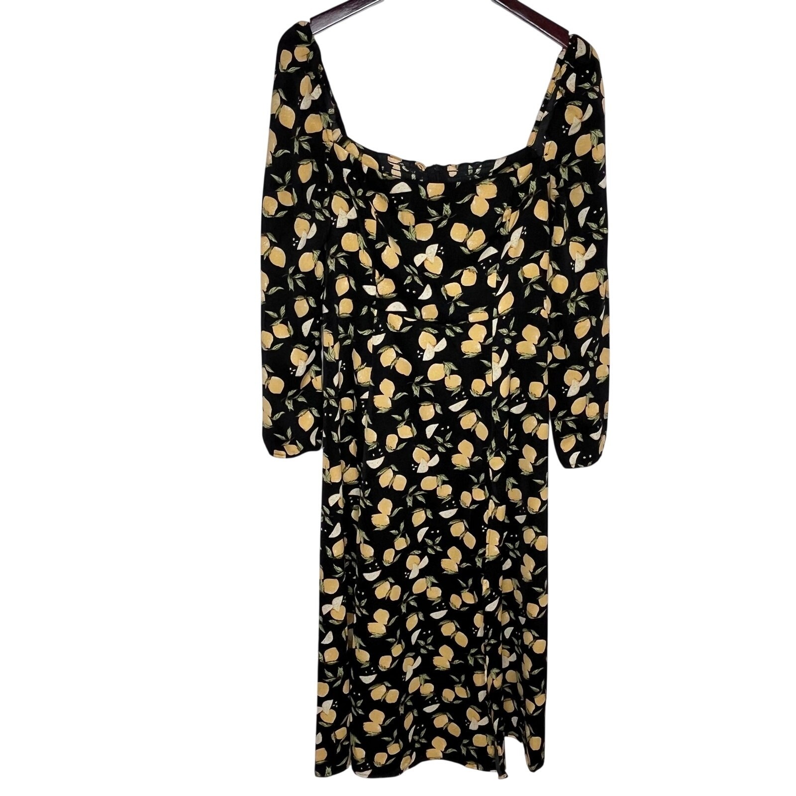 OPT Lemon Print Midi Dress Size 8 Smocked Bodice Long Sleeve Black Yellow Fruit