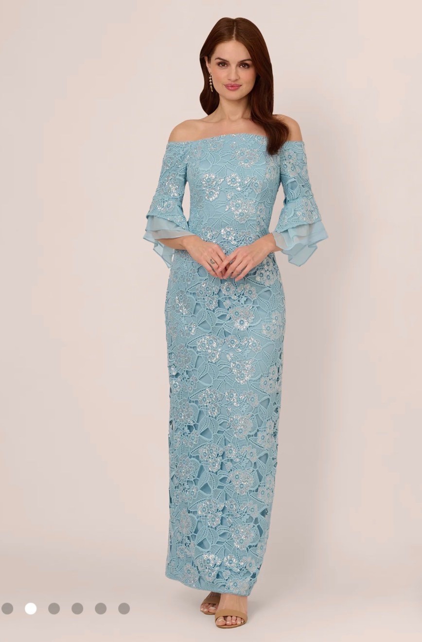 NWT Adrianna Papell Off-Shoulder Lace Column Dress in Light Blue / Sz 12