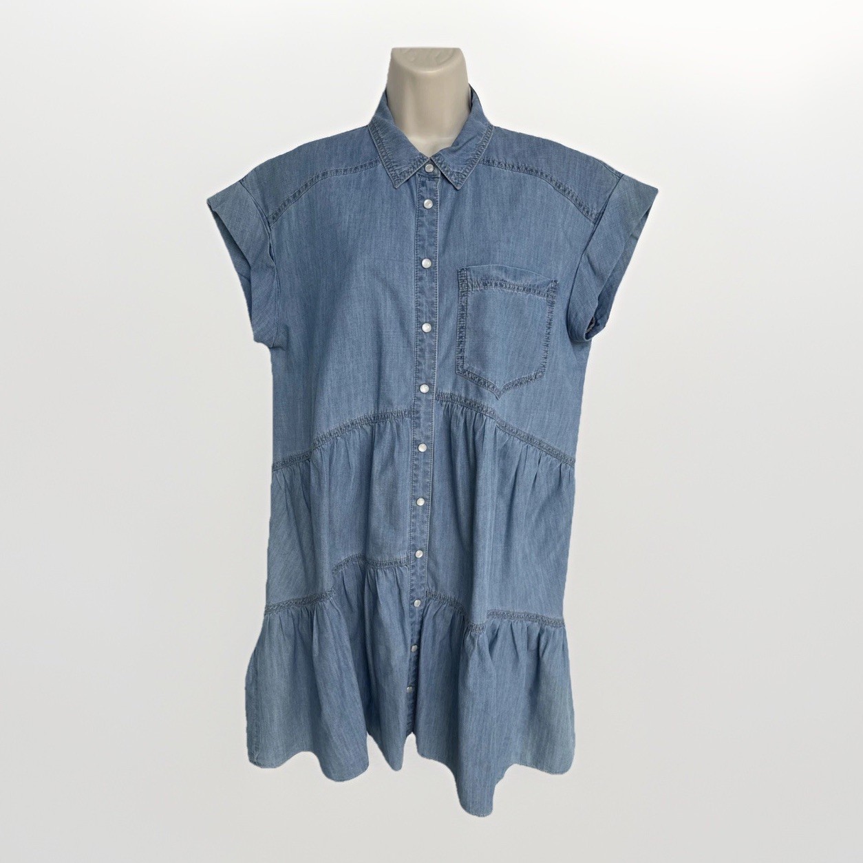 Veronica Beard Harrow Shirt Dress Tiered Pearl Snap Button Chambray Sz 8
