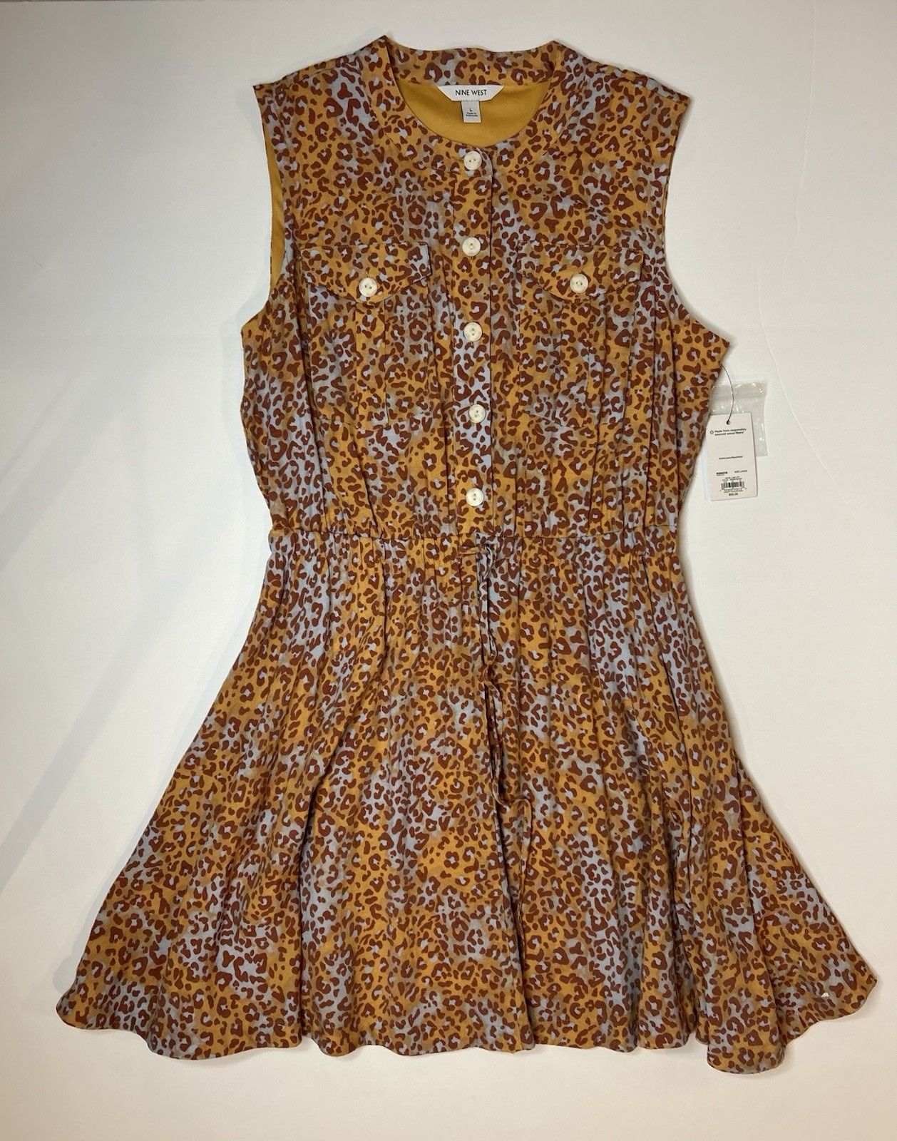 NWT Nine West Leopard Print Sleeveless Dress Button Drawstring Waist Size L