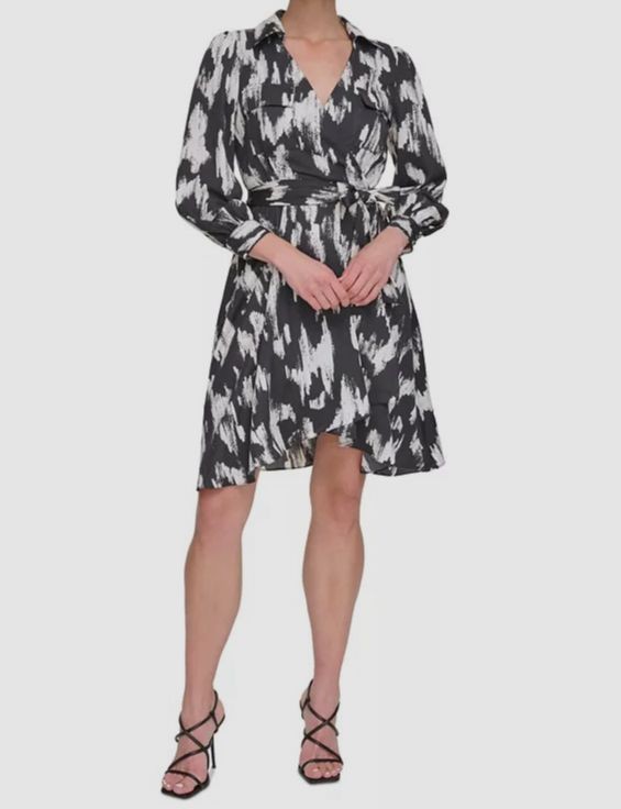 DKNY Women’s Black Printed Balloon-Sleeve Stretch Belted Dress Size 6