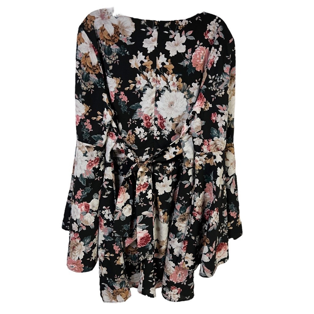 Listicle Mini Dress Large Multicolor Floral Bell Sleeve Cutout Boho Chic Trendy
