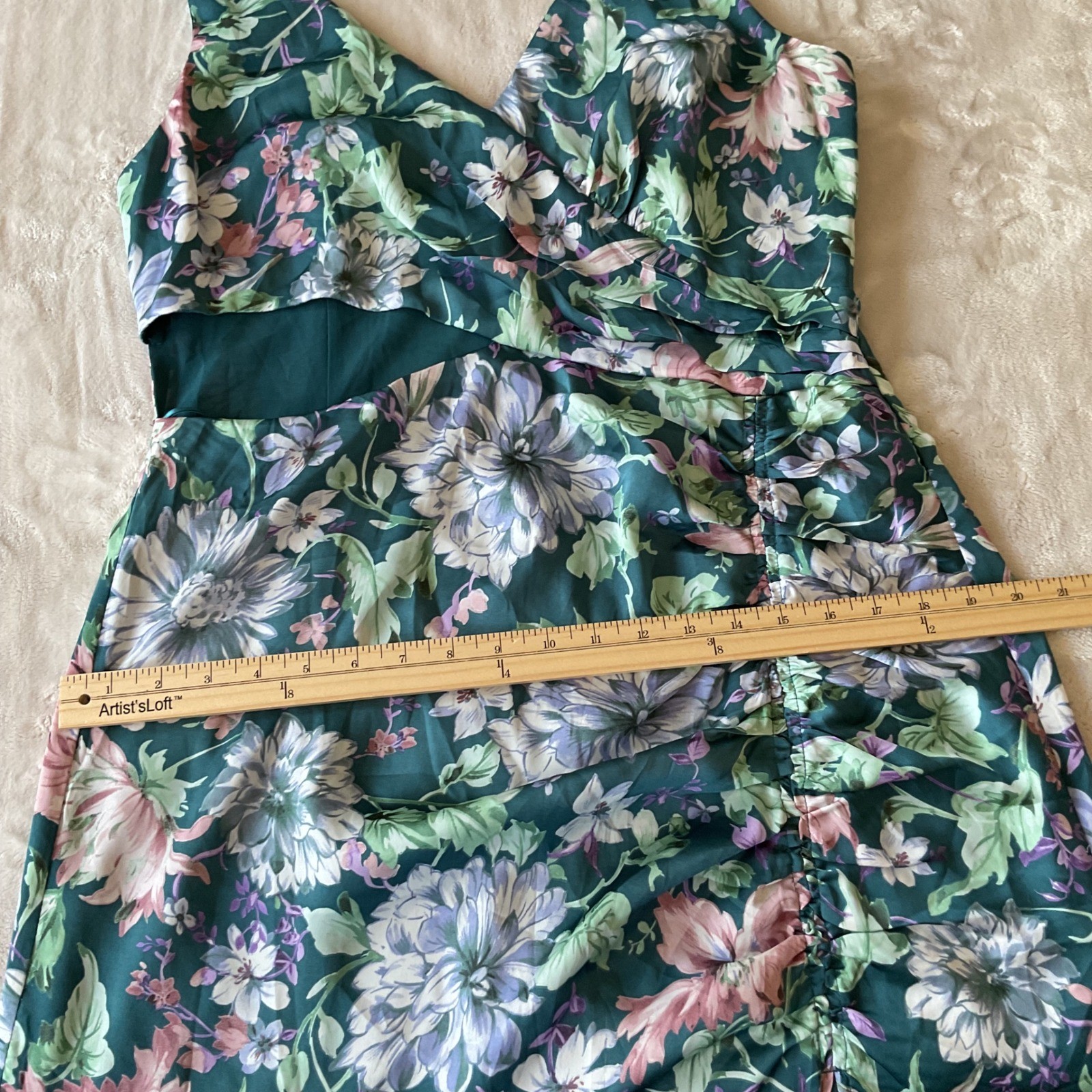 ASTR the Label Teal Floral Pleated Cutout Maxi Dress XL Sleeveless Slit Gown