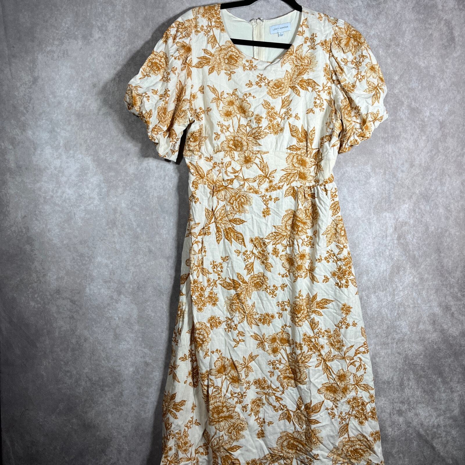 Lost + Wander Toasted Rose Midi Dress Womens Large Floral Linen Blend