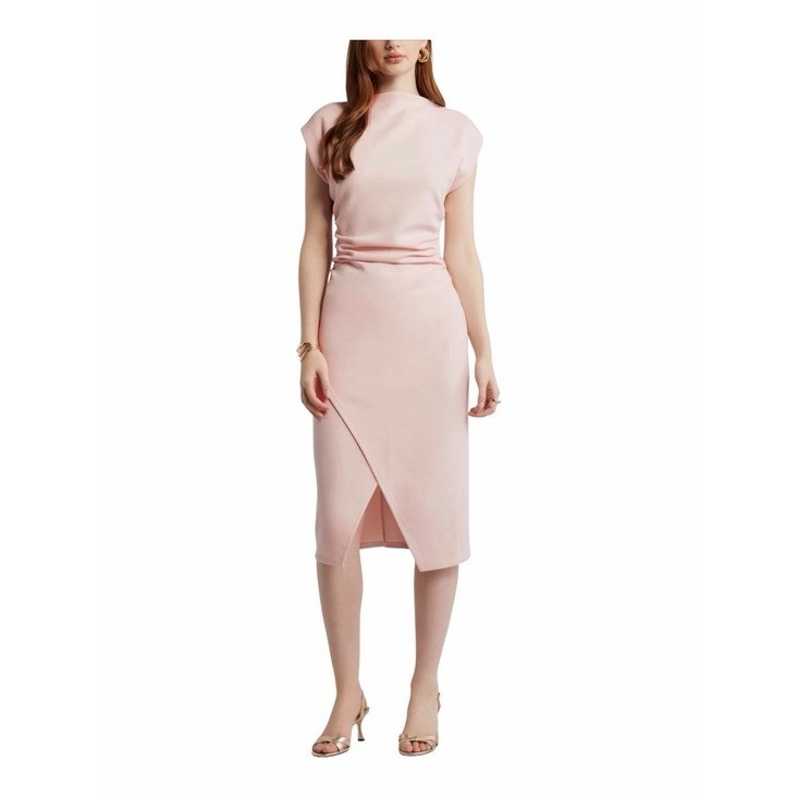 Nordstrom Blush Pink Ruched Mock Neck Midi Dress Asymmetrical XL