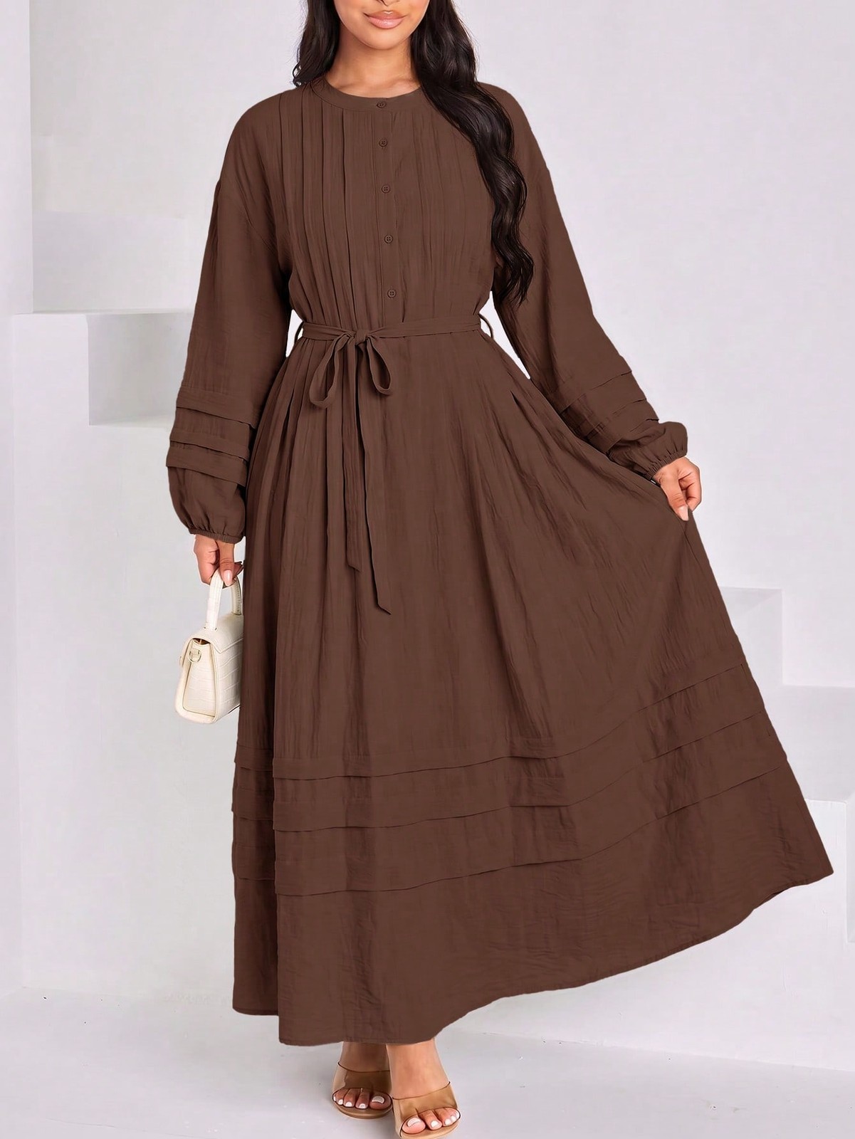 Womens Elegant Round Neck Button Detail Long Dress