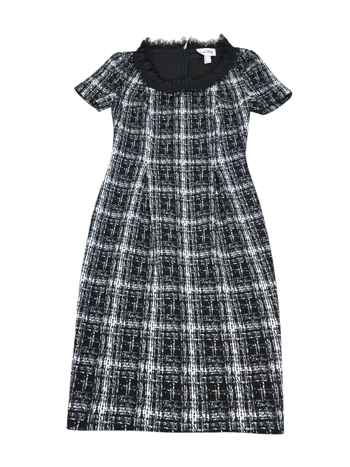 Joseph Ribkoff Women’s Black Plaid Tweed Dress Short Sleeve Ruffled Back Zip 4