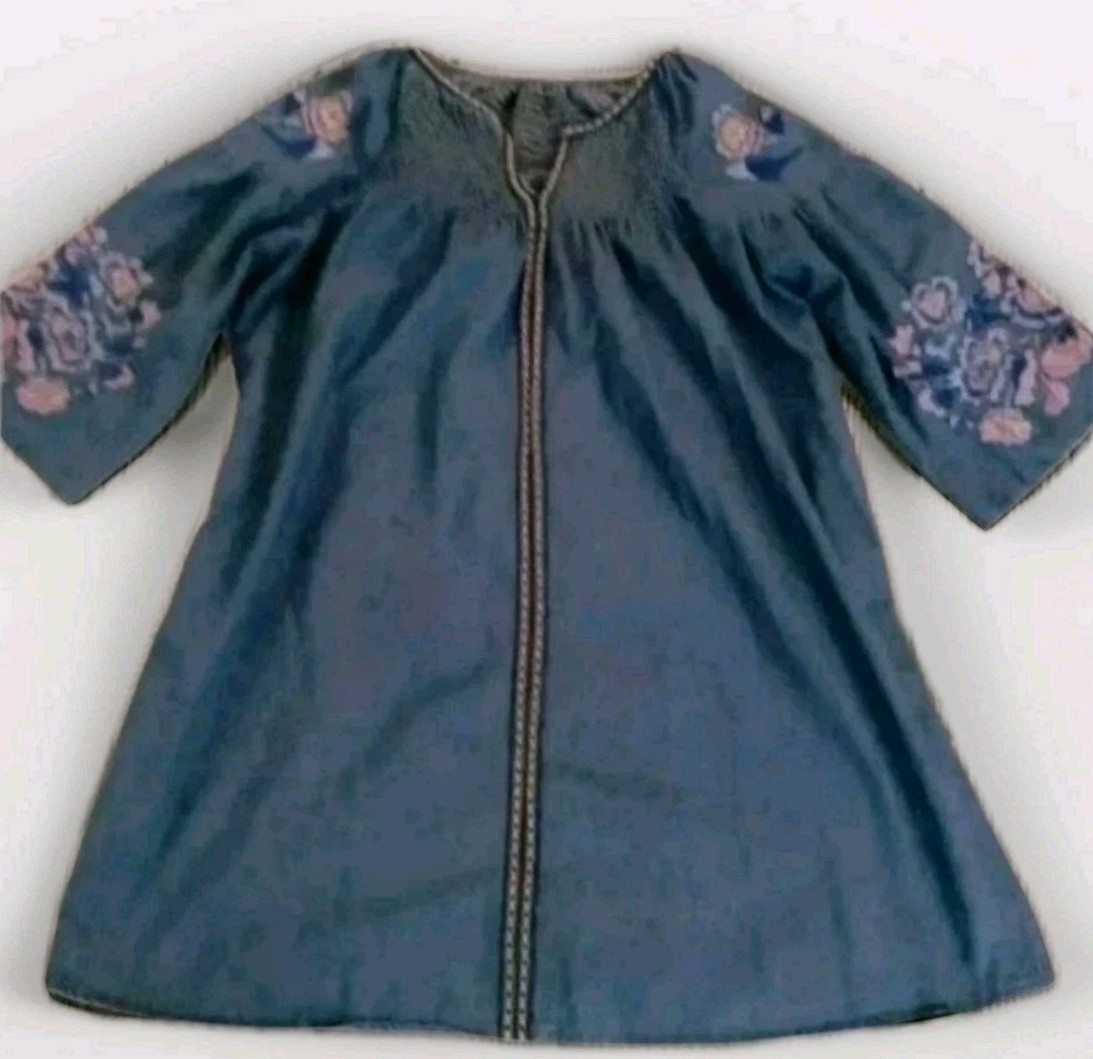 Cottagecore Chambray Embroidered Mini Dress Floral Boho Blue Shift 32″ Large