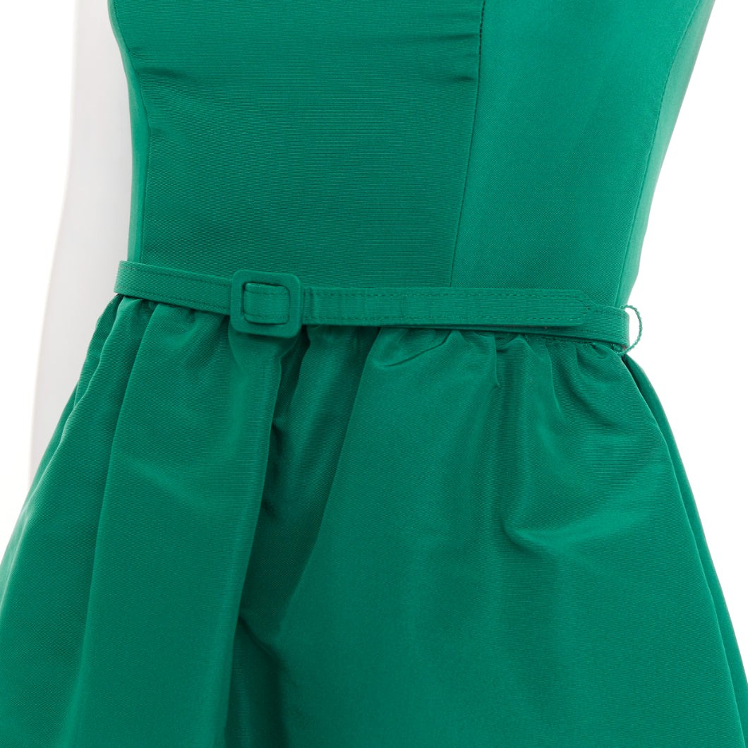 OSCAR DE LA RENTA 2017 green silk faille square neck belted flare dress IT40 S