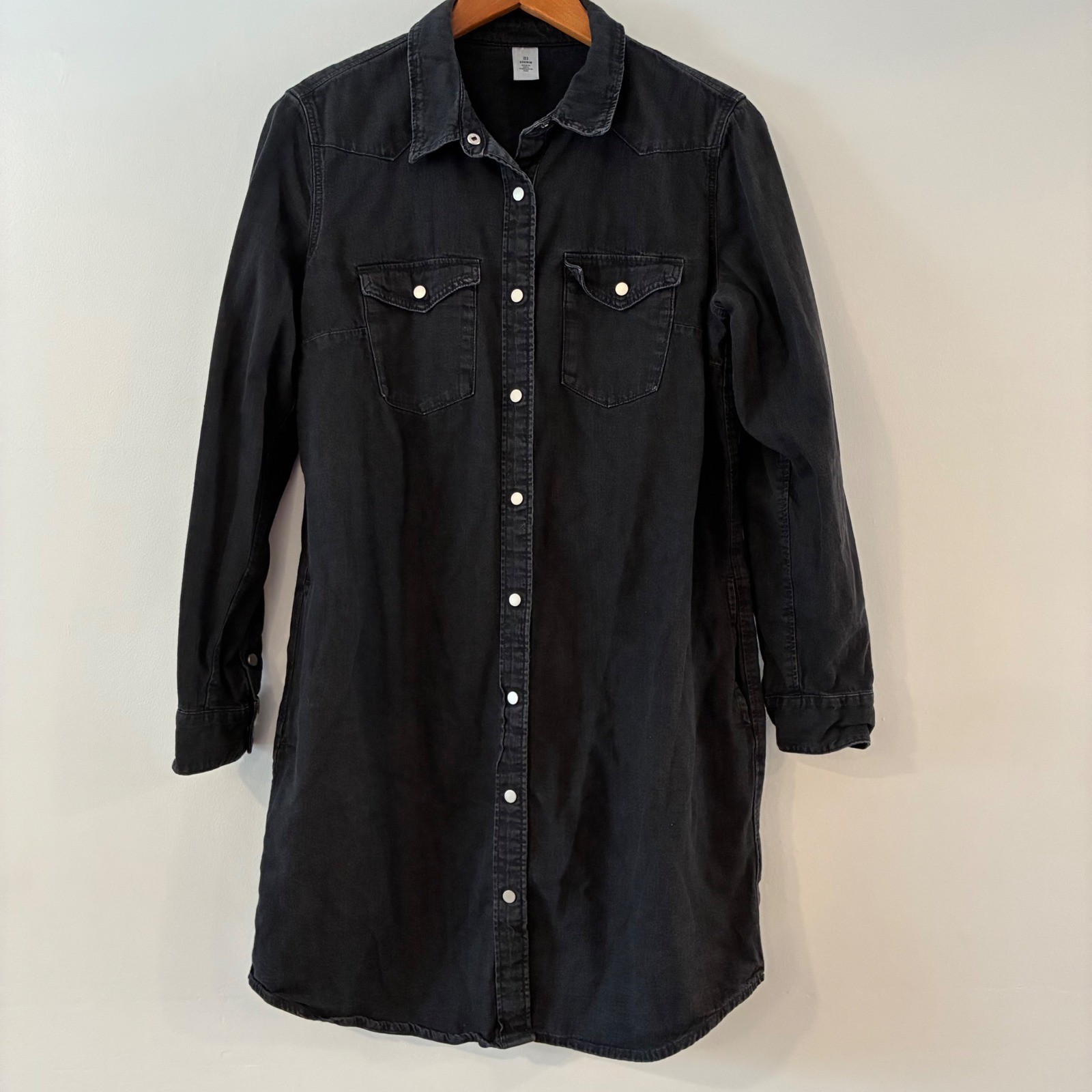 H&M &Denim Women Black Western Snap Front Denim Shirt Dress Sz 8 cowgirl western