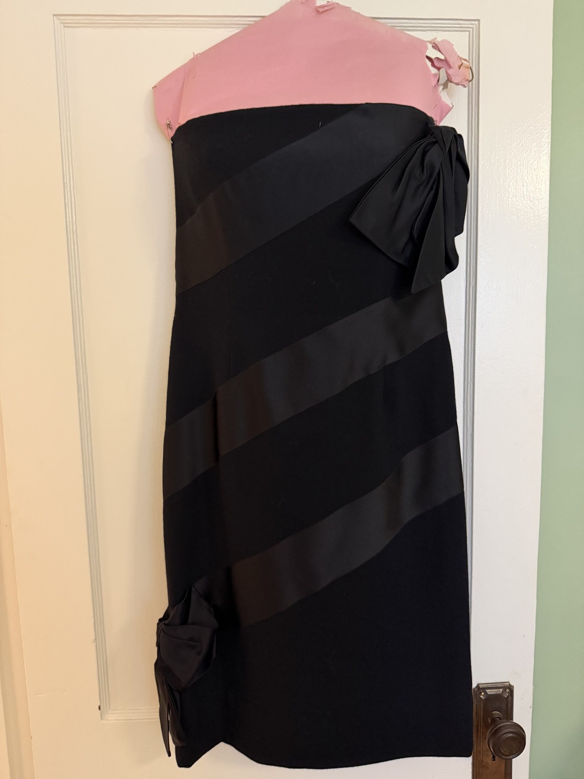 Bill Blass Vintage Dress 8 Black Strapless Satin Bands Side Bow 80s Cocktail