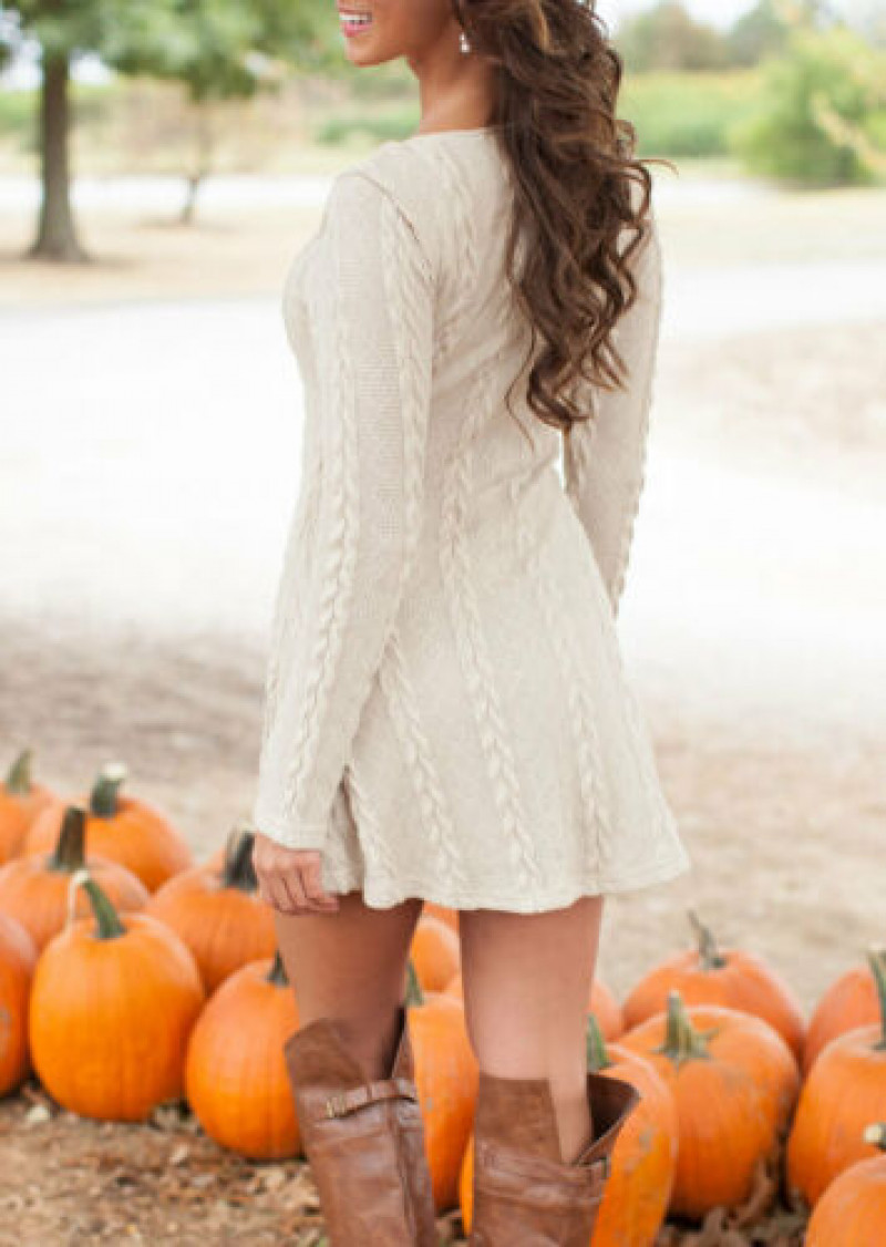 Knitted Sweater Mini Long Sleeve Blouse Women Sweatshirt Dress Tunic Cable