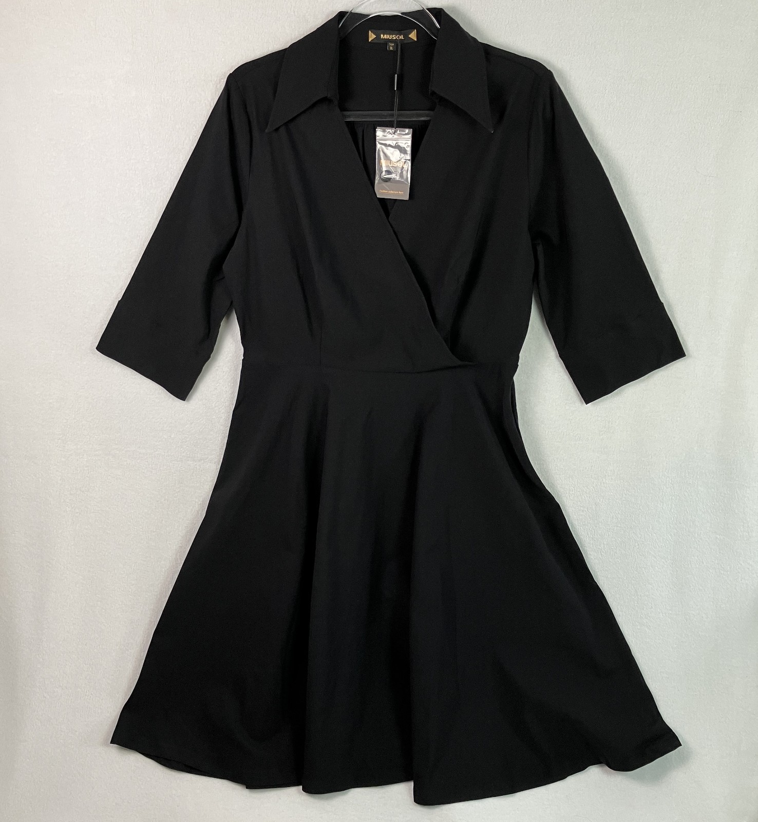 Miusol Collared Wrap-Style Dress Women’s Size XL Black 3/4 Sleeve NWT