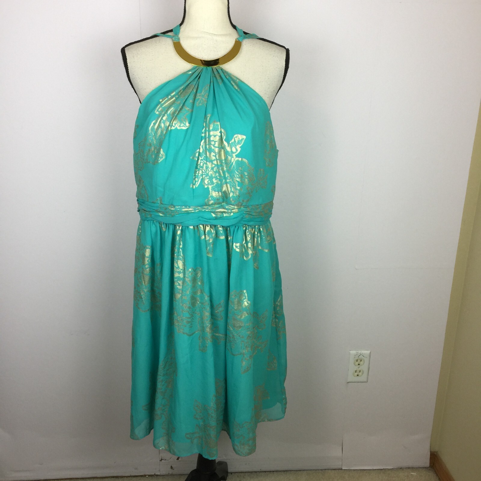 NWT Robbie Bee Evening Cocktail Halter A-Line Dress Sz 14 Woman Blue Gold Floral