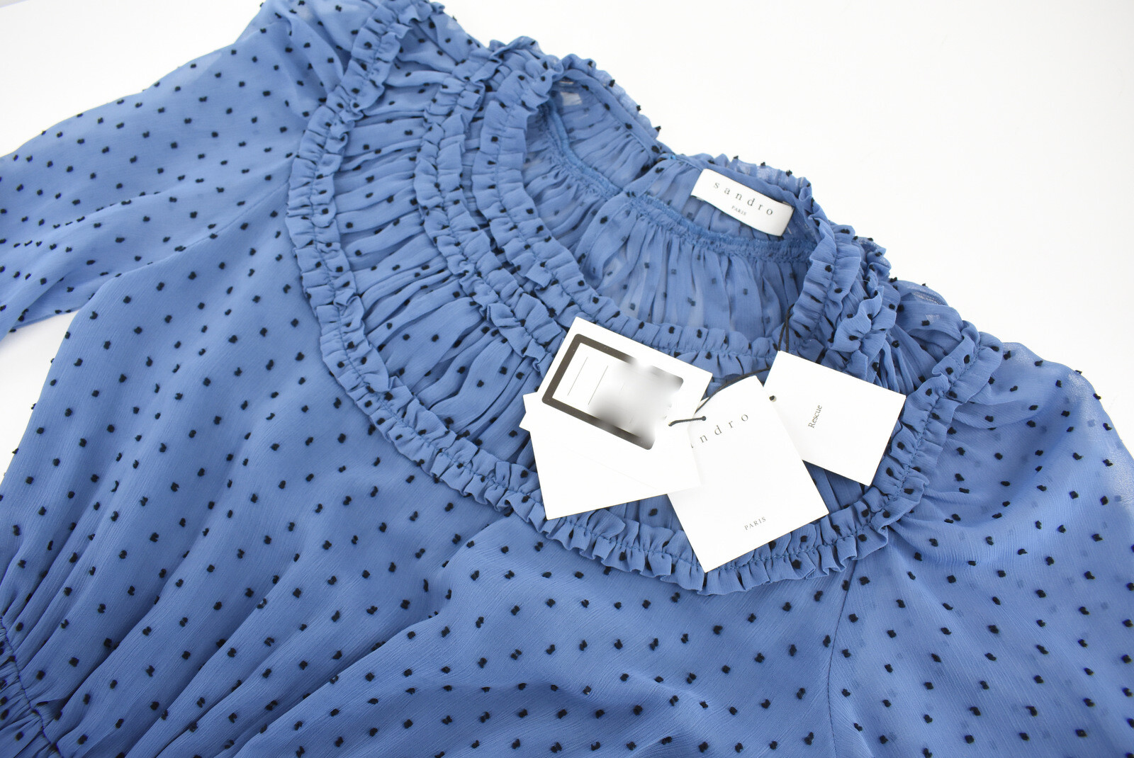 Sandro Gwen Dress Womens (EU) 40 Ruffled Polka Dot Printed Mini Blue