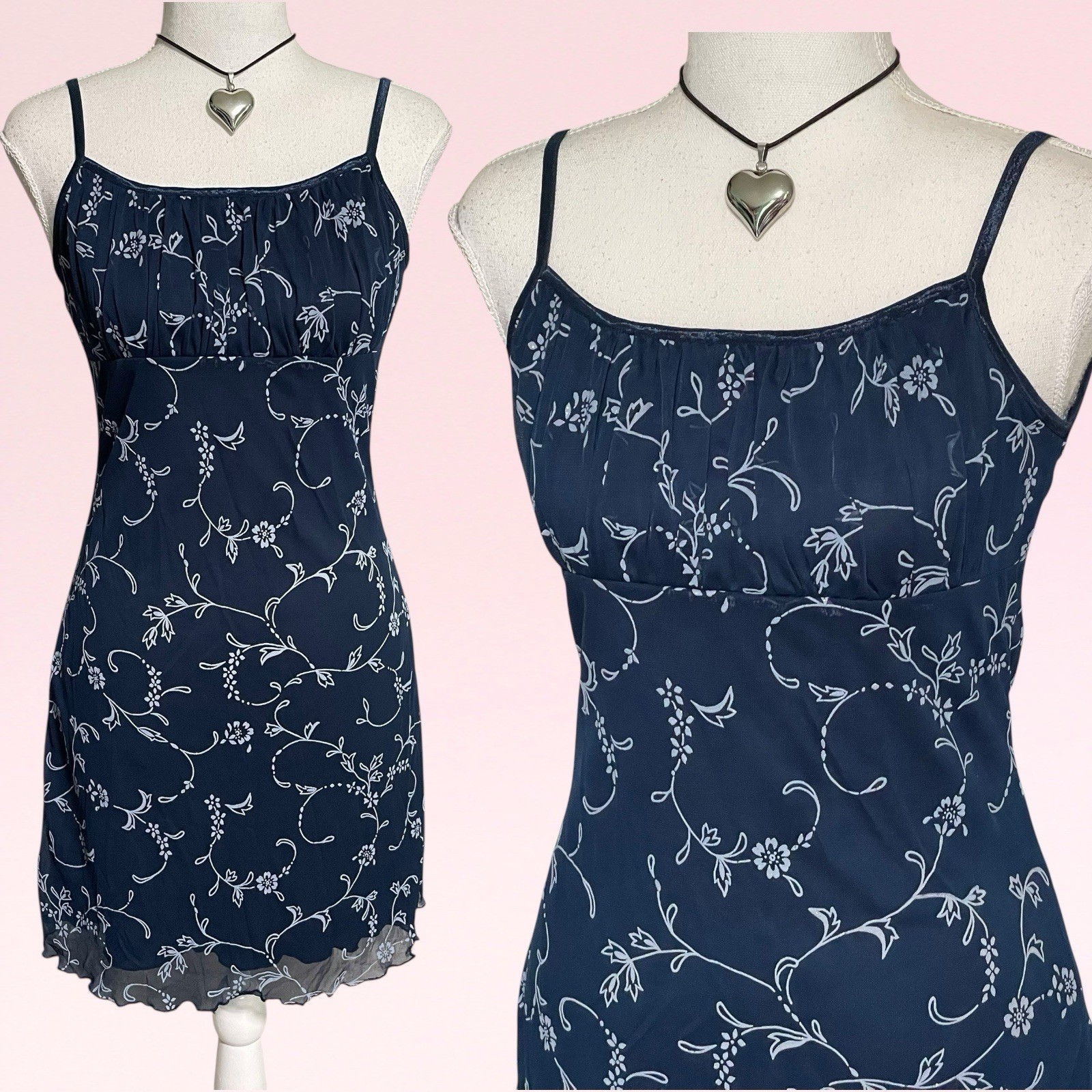 vintage y2k whimsy goth floral milkmaid navy blue mesh grunge slip party dress M