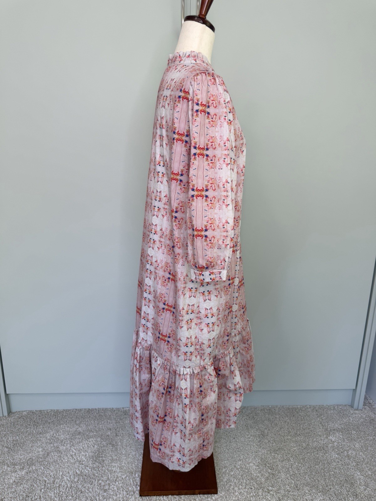 BROOKE WRIGHT DESIGNS 3/4 Sleeve Kaftan Midi Dress Ink Blot Peach Print Sz Large