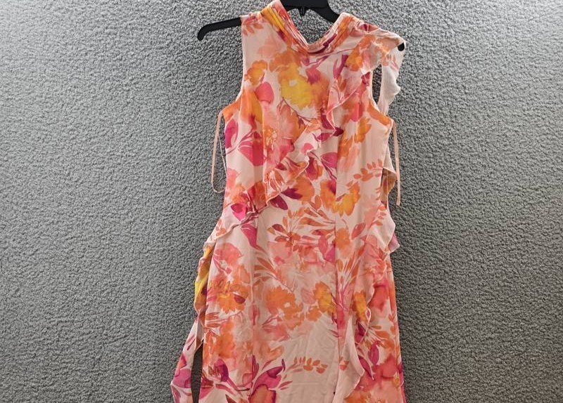 Eliza J Printed Ruffle-Trims Chiffon Dress Women’s 8 Blush Multi Zip/Button