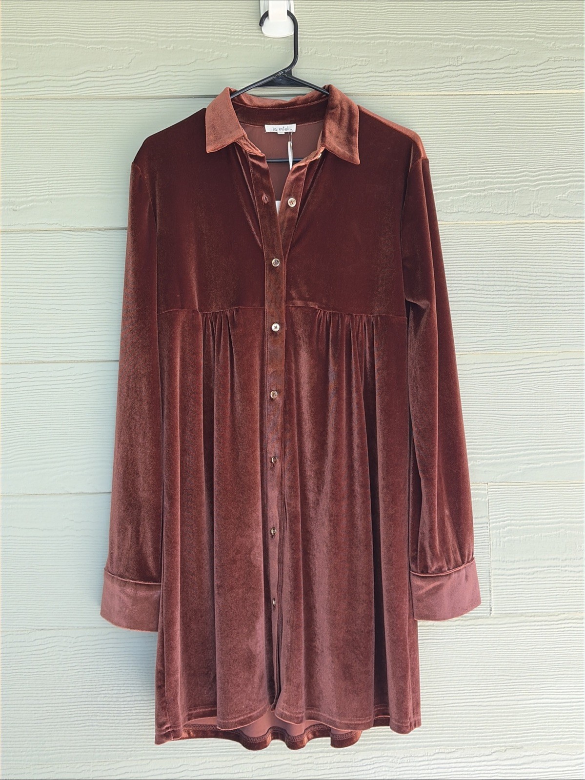 La Miel Burnt Orange Rust Velvet Velour Long Sleeved Shirt Dress Medium NEW NWT